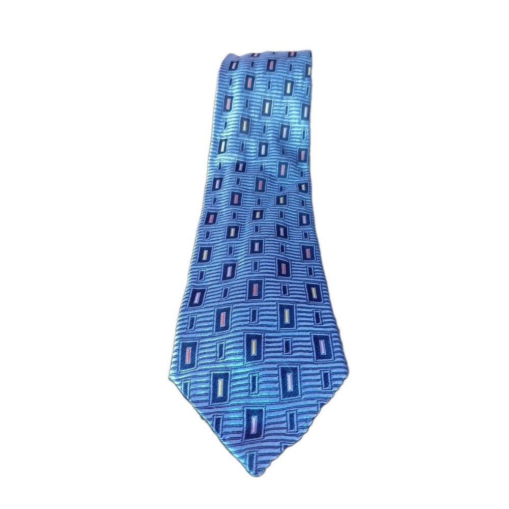 Barneys New York Blue Stripes & Squares Handmade Silk Tie Necktie Plz Read